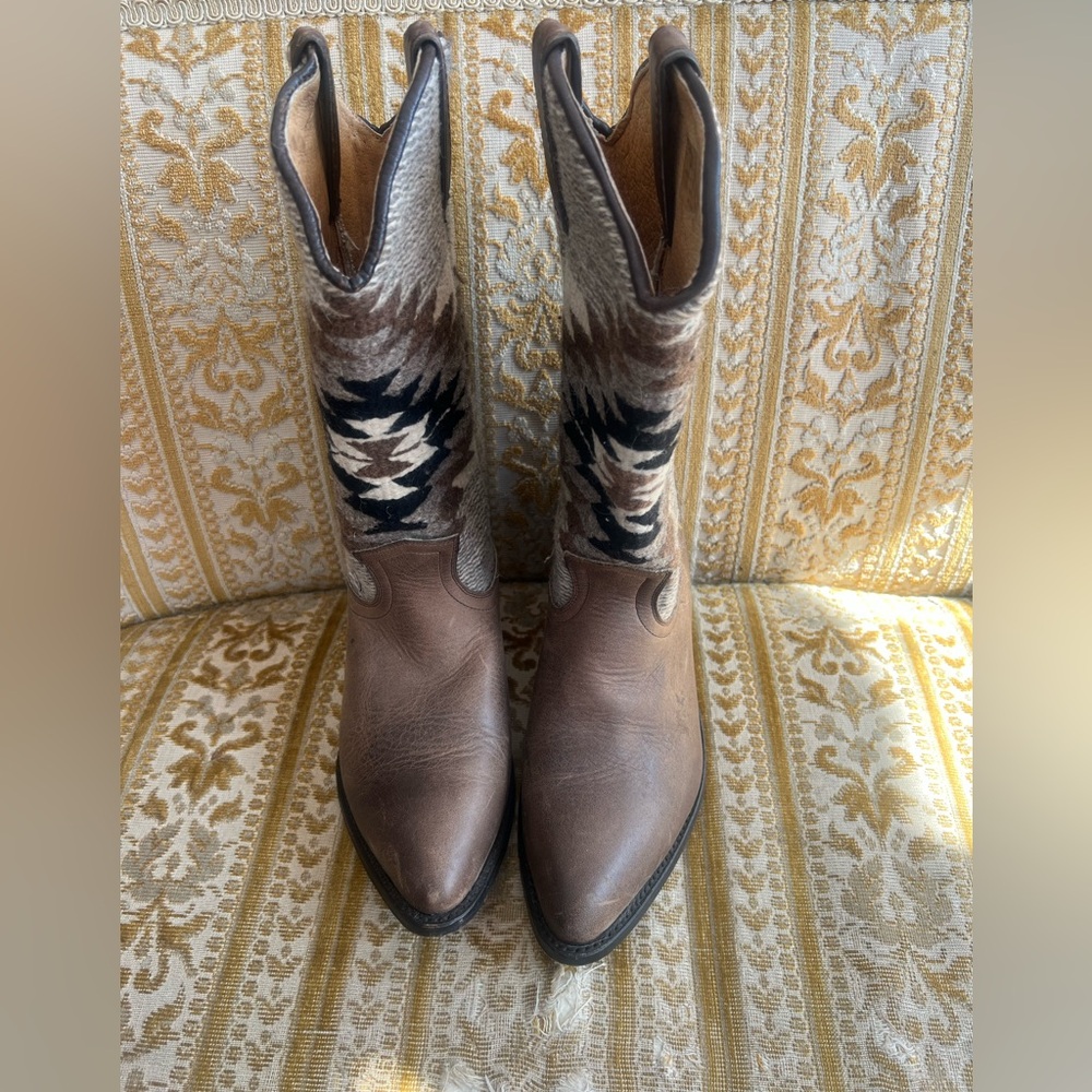 Frye Brown Leather Western Boots with Patterned Shaft